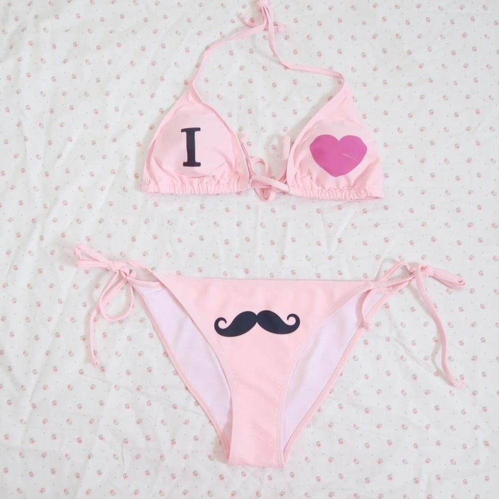 i heart mustache pink bikini set 2010s indie sleaze swimwear